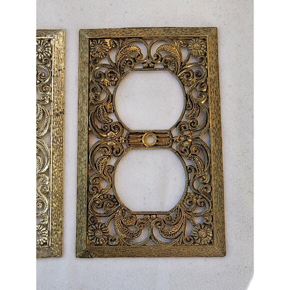 MCM Bronzed Metal Filigree Outlet Socket Covers Lot of 2 Set 1940s Vintage Rare - Picture 2 of 3